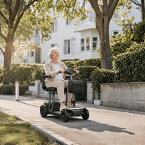 Older woman sitting in the Sweetrich Air Traveller mobility scooter in the city