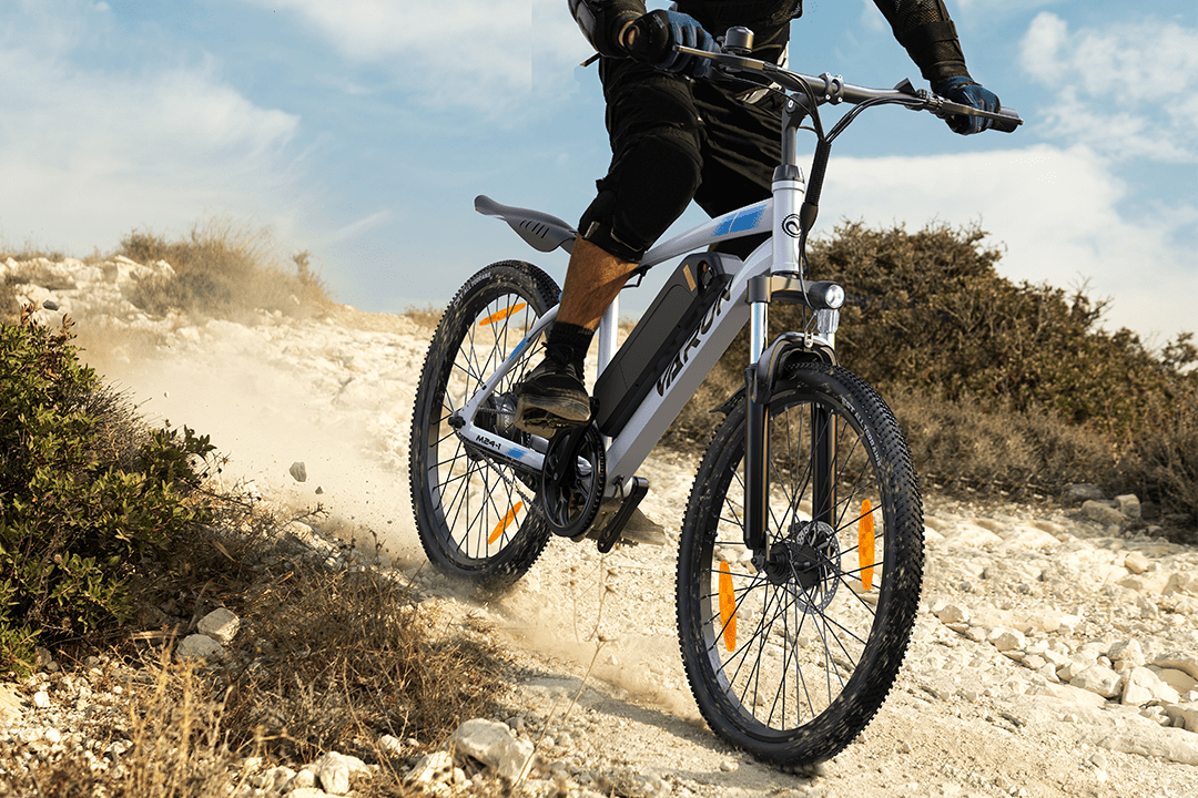 Rider taking the VARUN M24-1 electric mountain bike off-road