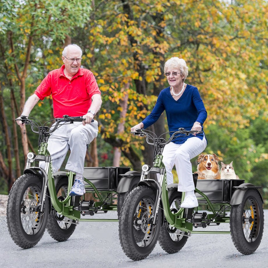 Two riders with the Hidoes ET1 electric tricycle