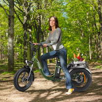 Woman riding the Hidoes ET1 electric tricycle in the forest