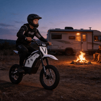 Vipcoo H2 electric dirt bike with lights on in an evening setting