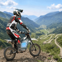 Rider taking the Vipcoo H2 electric dirt bike off-road in the mountains