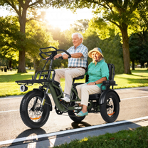 Two riders with the VIPCOO R1 electric tricycle in a park