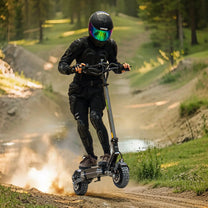 Person riding the VIPCOO VS6 Pro electric scooter on a trail