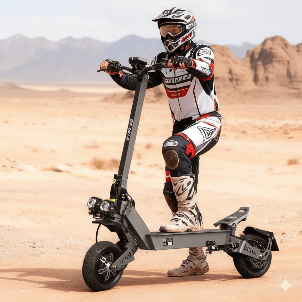 Man standing with the VIPCOO VS9 electric scooter in the desert