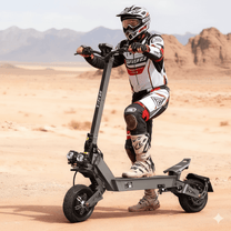 Man standing with the VIPCOO VS9 electric scooter in the desert
