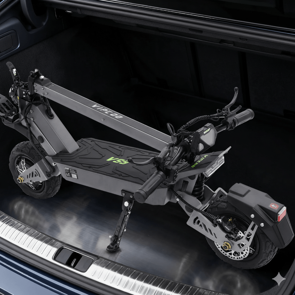 Folded VIPCOO VS9 electric scooter in a car boot