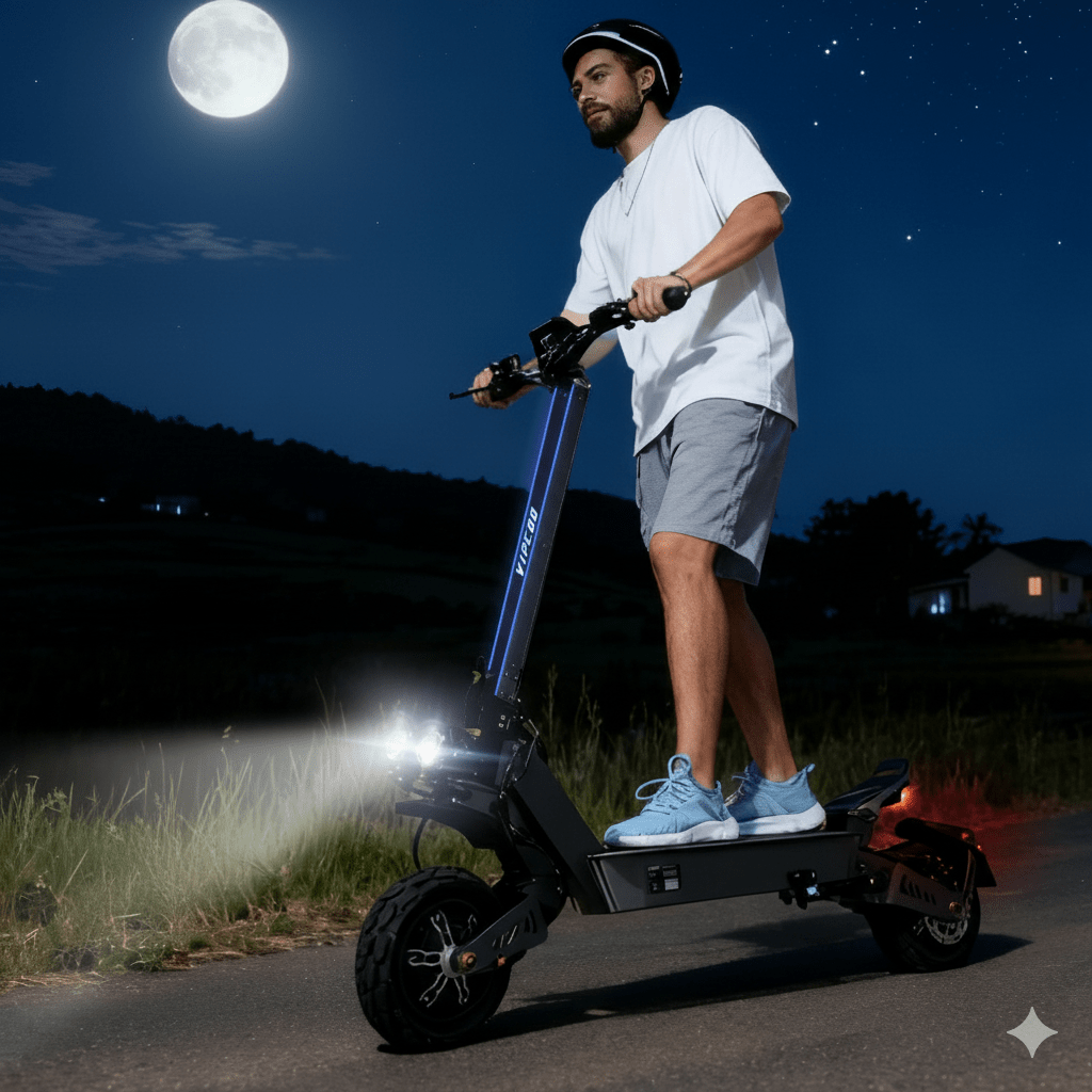Man riding the VIPCOO VS9 electric scooter in an evening setting