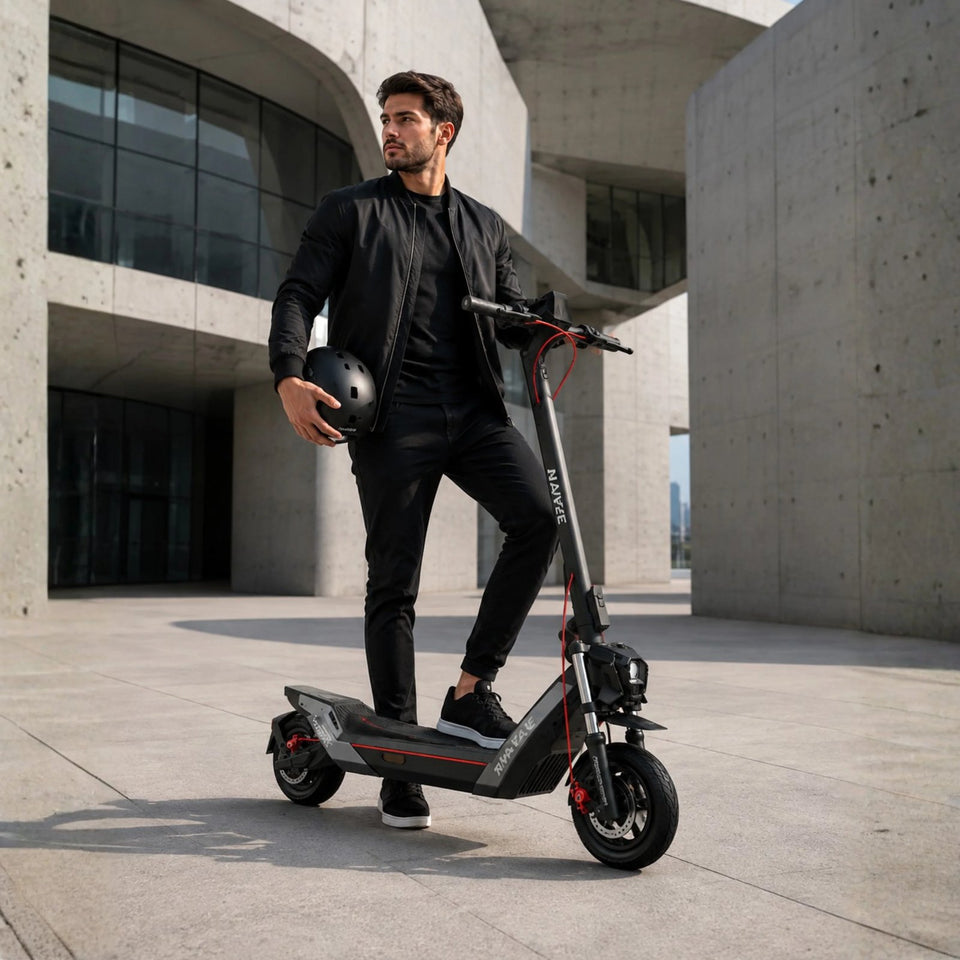 Electric scooter from Wheelyshop – NAVEE e-scooter in front of modern architecture