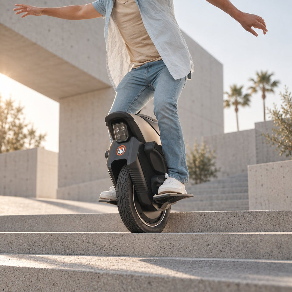 Electric unicycle from Wheelyshop – rider balancing down concrete steps in the sun