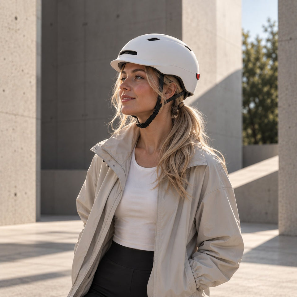Accessories from Wheelyshop – rider wearing a white helmet in the city