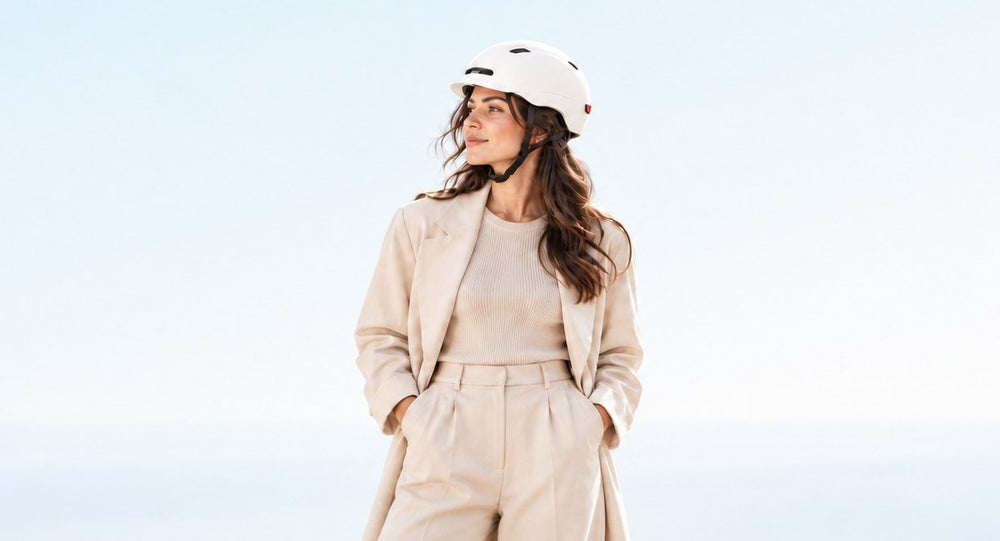 Helmet for e-scooters and e-bikes from Wheelyshop – woman in a beige coat wearing a white bike helmet against a blue sky