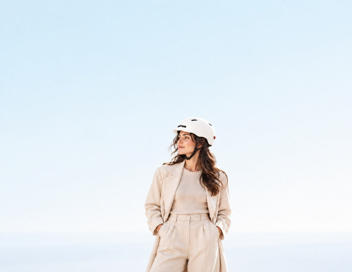 Helmet for e-scooters and e-bikes from Wheelyshop – woman in a beige coat wearing a white bike helmet against a blue sky
