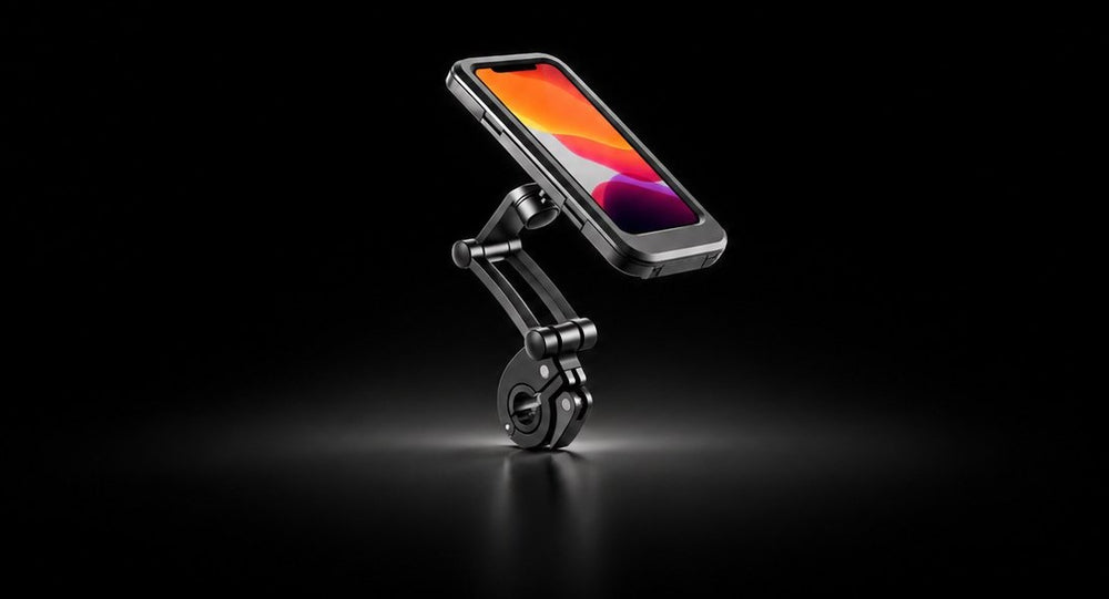 Phone holder for e-scooters and e-bikes from Wheelyshop – black handlebar mount with phone