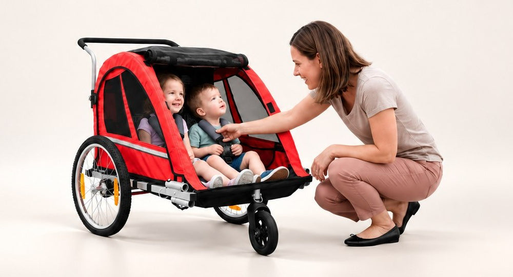 Bike trailer for e-bikes from Wheelyshop – red trailer with two children