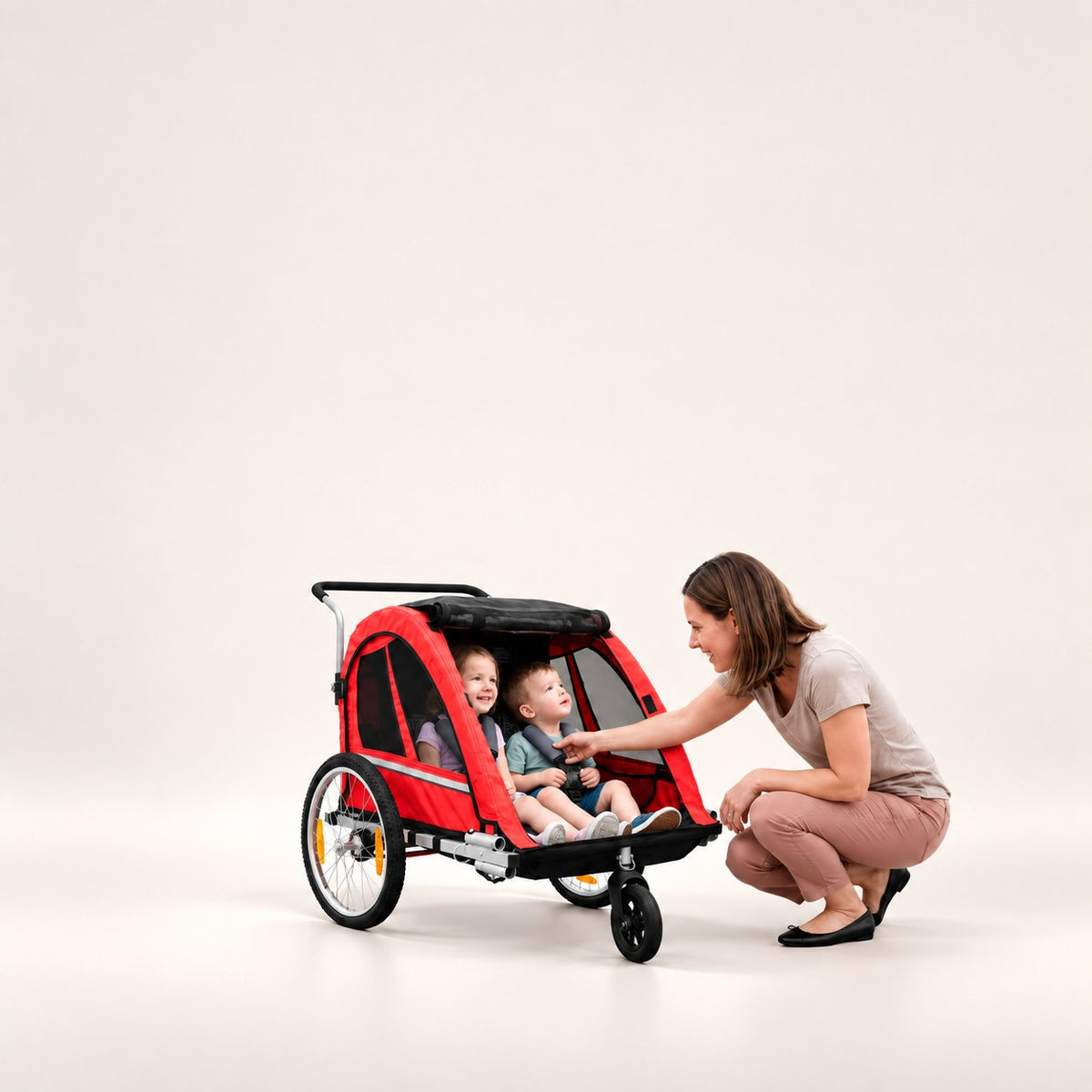 Bike trailer for e-bikes from Wheelyshop – red trailer with two children
