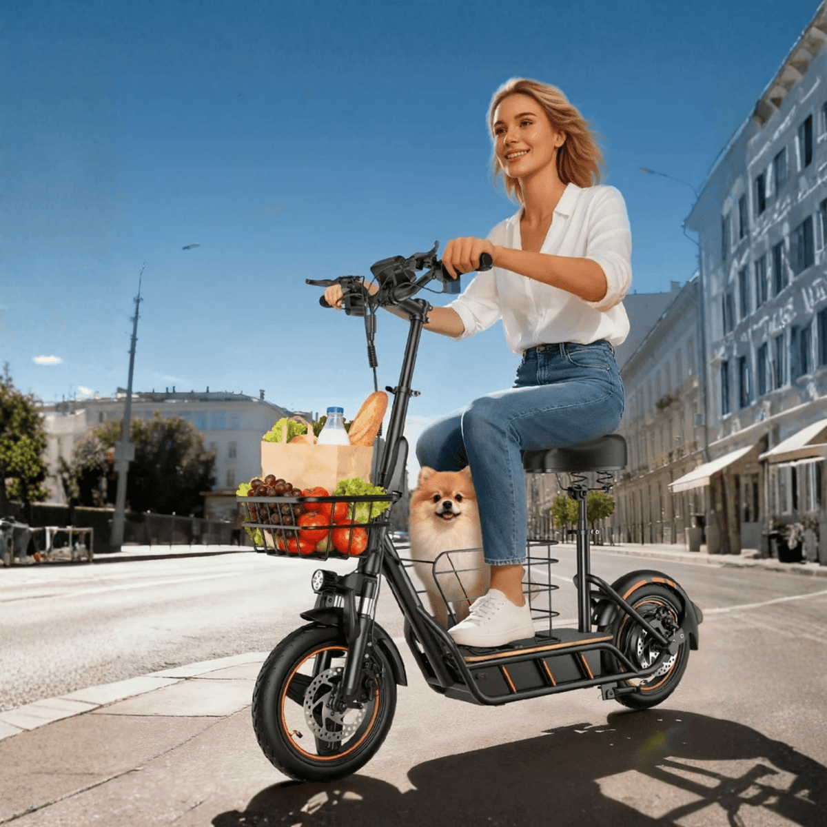 Woman riding the Wheely H14 electric scooter in the city