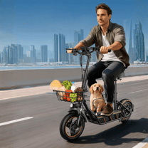 Man riding the Wheely H14 electric scooter with a dog