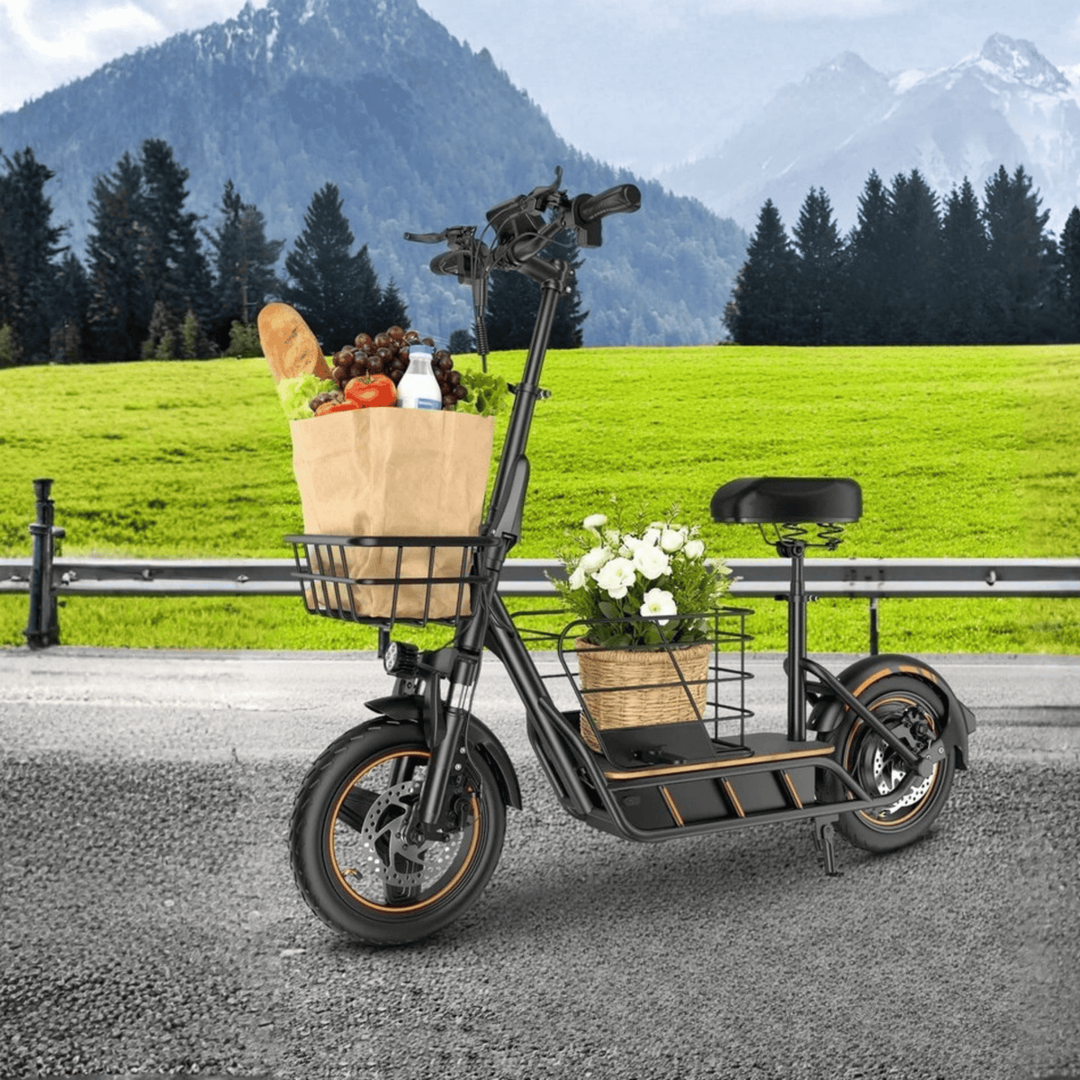 Wheely H14 electric scooter, front three-quarter view on a grassy field