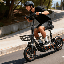 Man riding the Wheely H14 electric scooter on a road