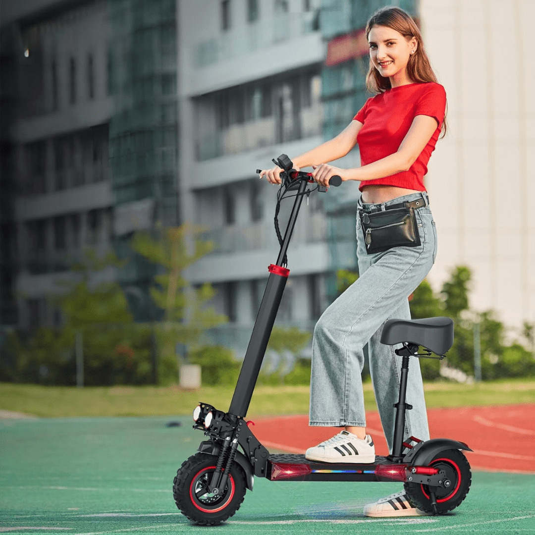 Woman standing with the Wheely J11 Max electric scooter