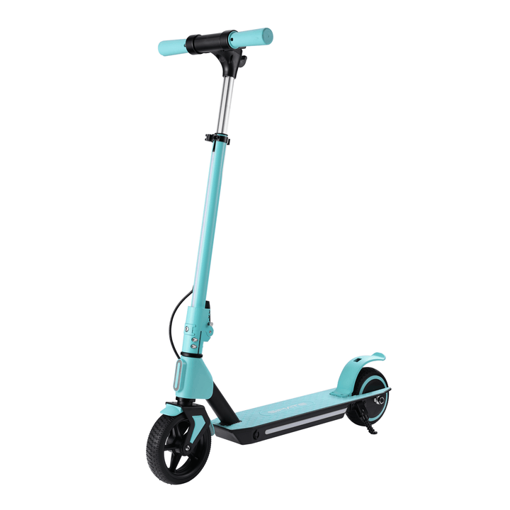 Wheely Junior S2 Pro kids' electric scooter, front three-quarter view in light blue
