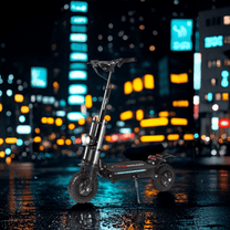 Wheely X10 electric scooter, front three-quarter view in an evening setting