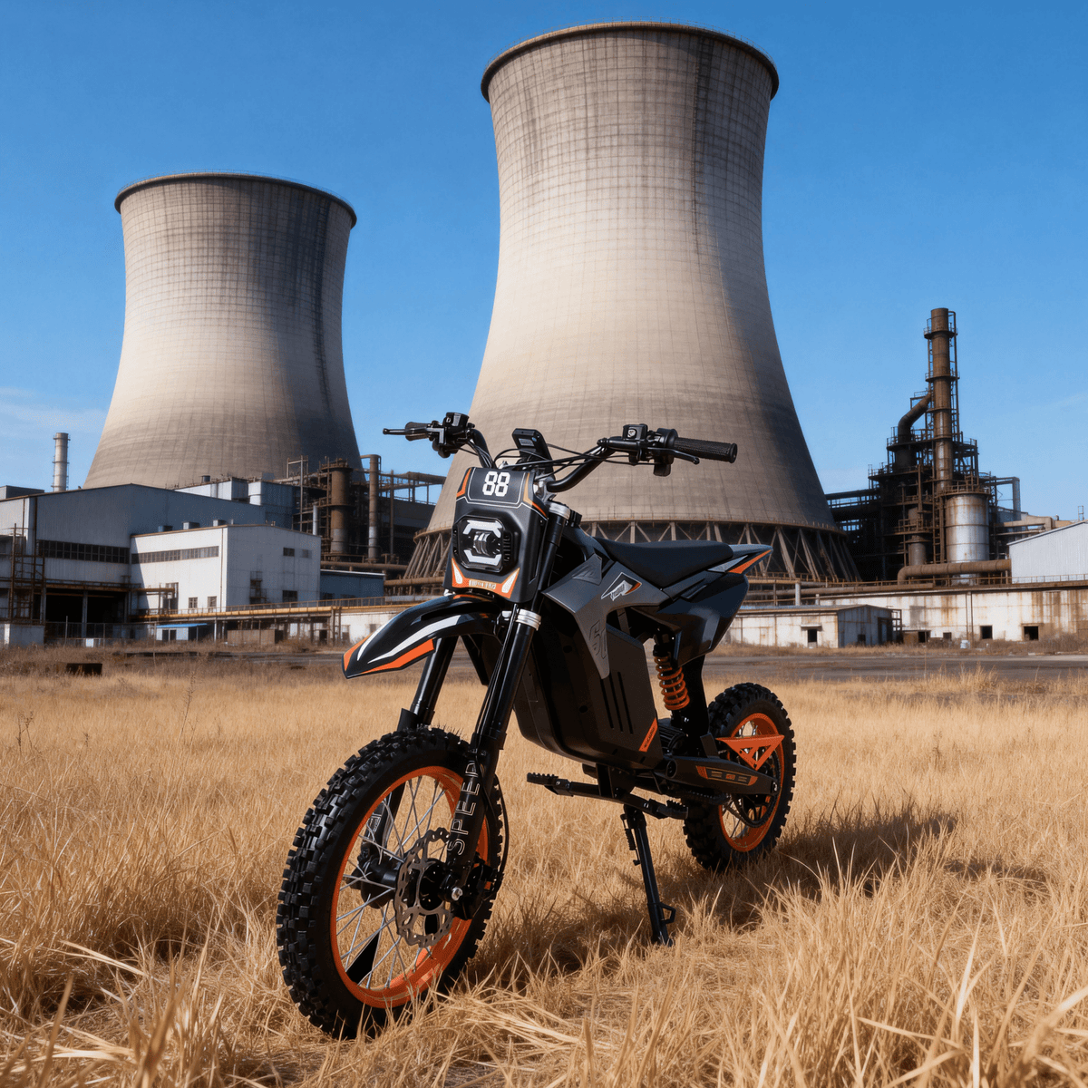 Wheely Y88 electric dirt bike, front three-quarter view on a grassy field