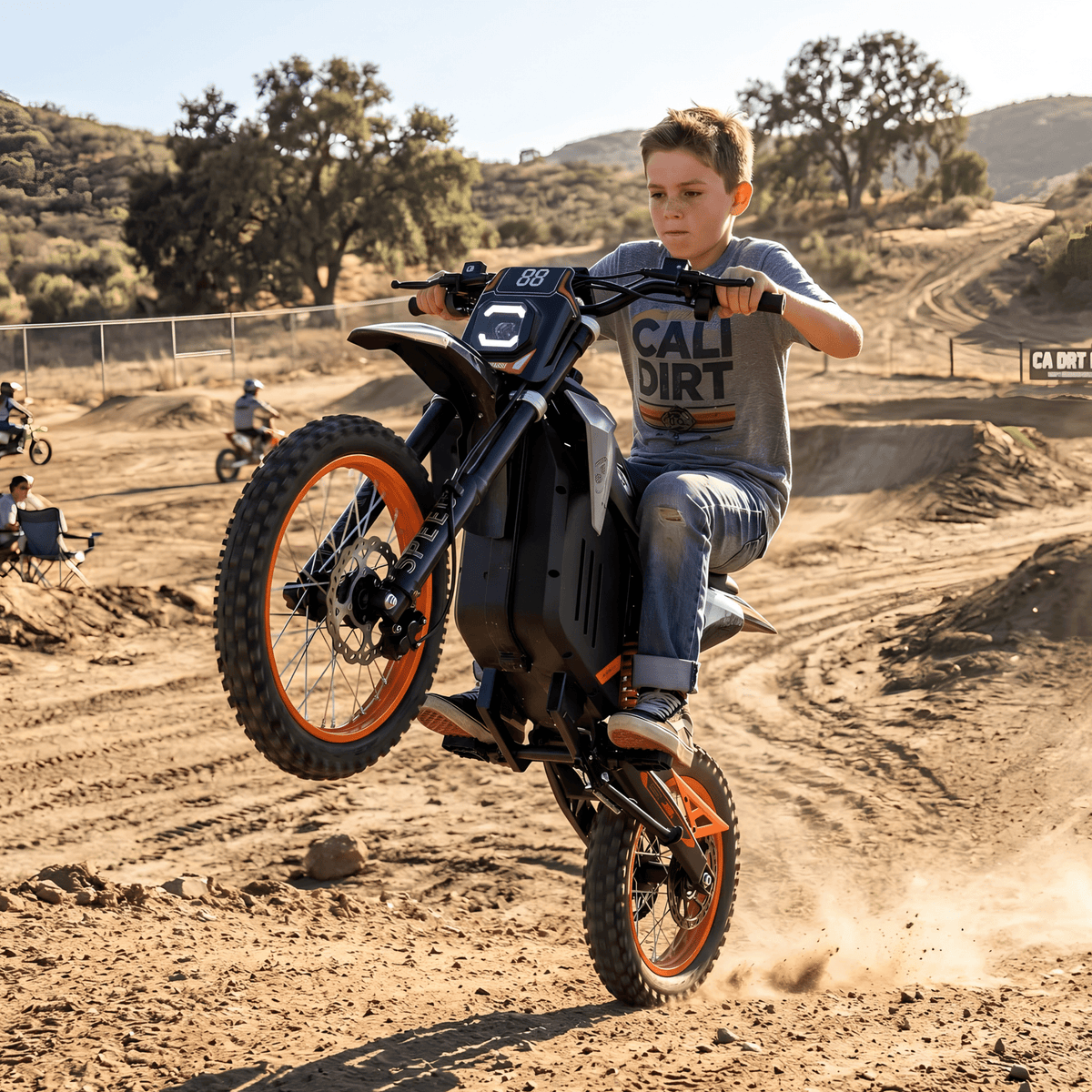 Person riding the Wheely Y88 electric dirt bike on sandy ground