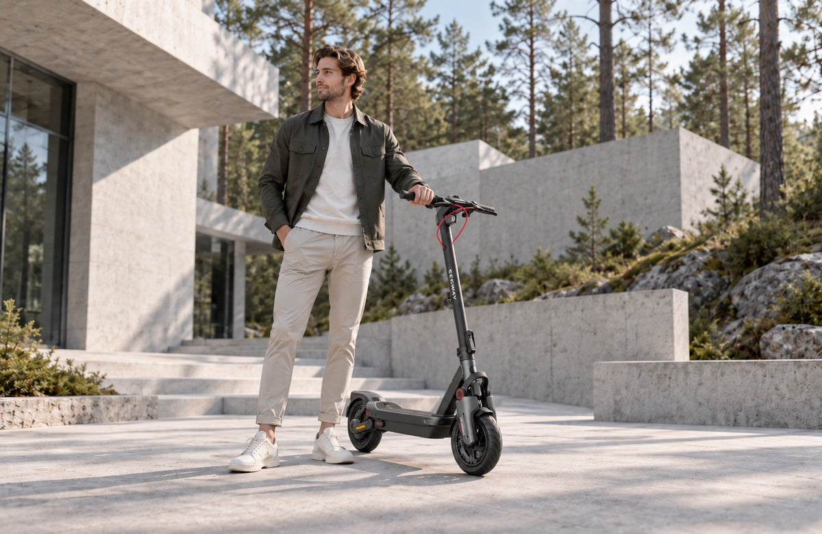 Wheelyshop – climate-smart mobility: a man with an electric scooter among pine trees outside a modern concrete house