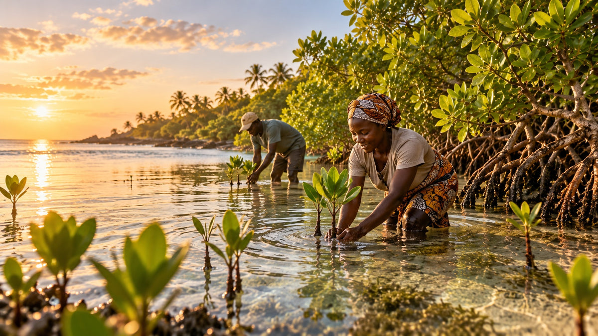Local planters setting mangrove seedlings in shallow water on the coast of Kenya at sunset – one tree per Wheelyshop order
