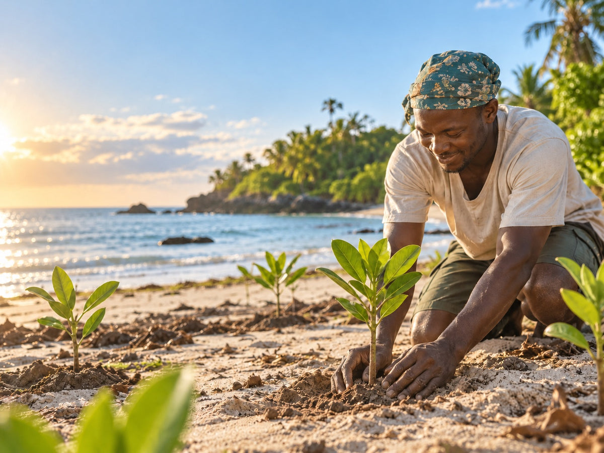 Local planter setting a mangrove seedling on the coast of Kenya – one tree per Wheelyshop order
