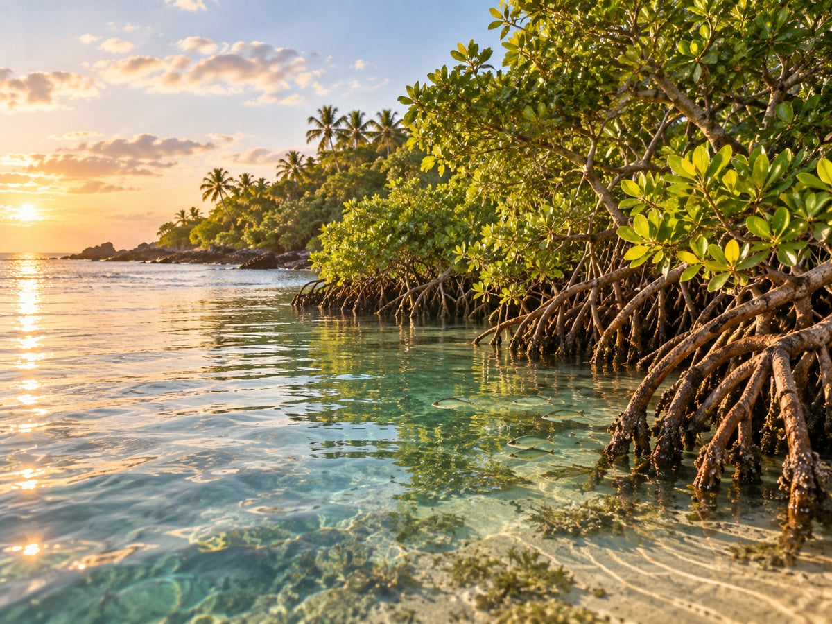 Grown mangrove forest on the coast of Kenya with roots in clear water and fish in shelter – the coast grows back