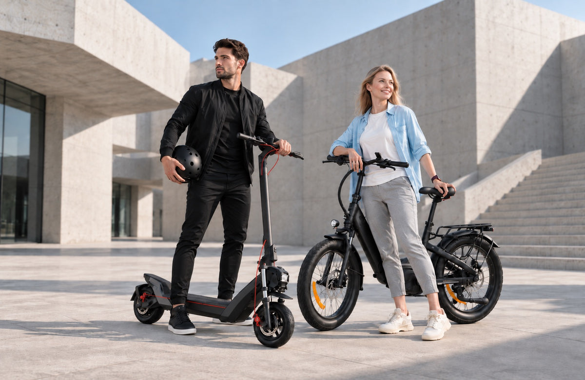 Wheelyshop’s vision – electric is the future: a man with an electric scooter and a woman with an e-bike in front of a modern building