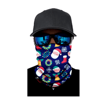 WindGuard Christmas Edition face mask with blue Christmas pattern, worn with a cap and sunglasses