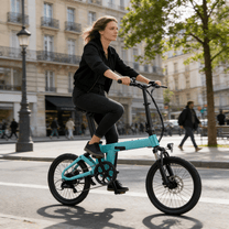 Woman riding the YANGOR H19 folding e-bike on a street in light blue