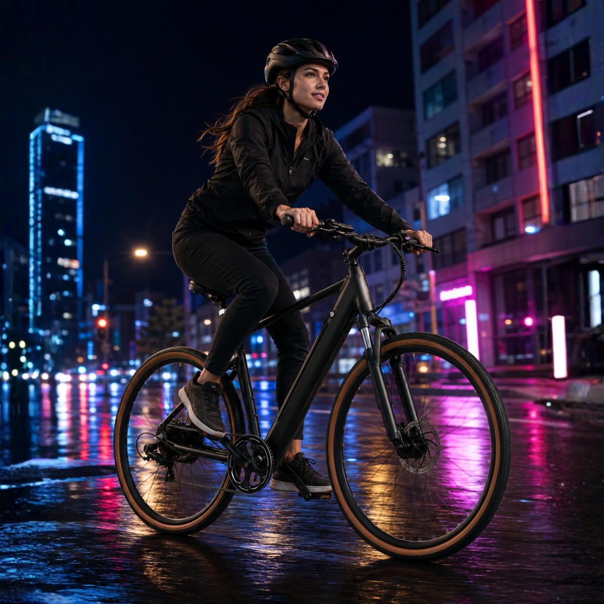 Woman riding the YANGOR H700 e-bike in black in the city in an evening setting