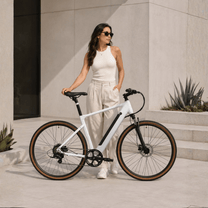 Woman standing with the YANGOR H700 e-bike in white