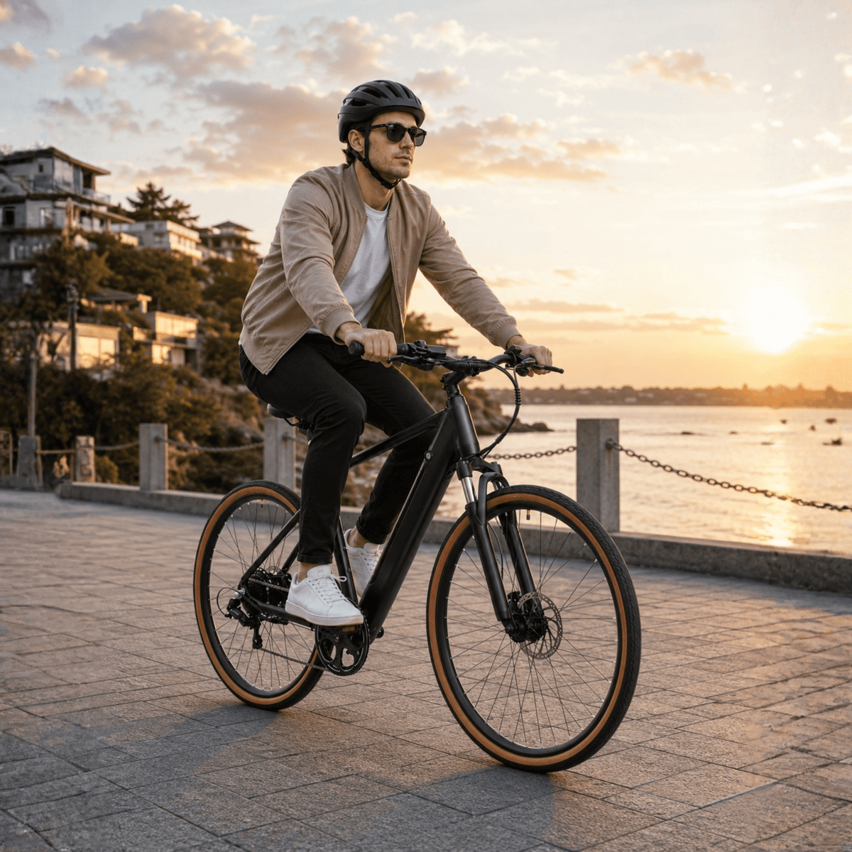 Man riding the YANGOR H700 e-bike in black at sunset