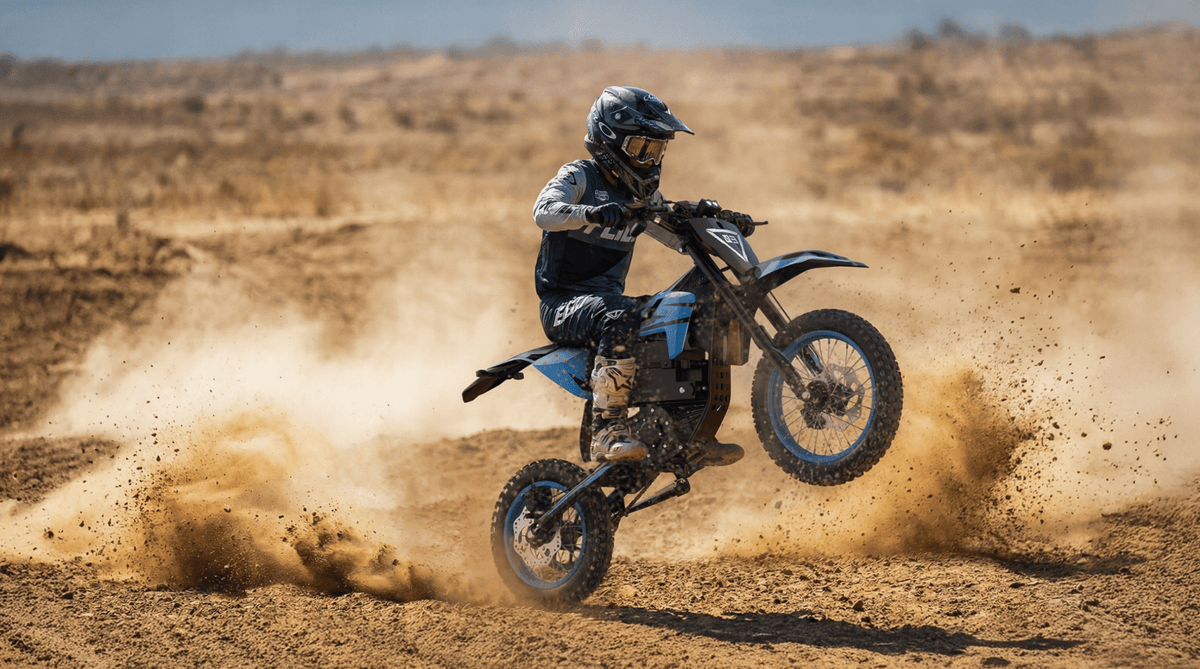 Rider taking the ZAWES S3 electric dirt bike off-road on sandy ground